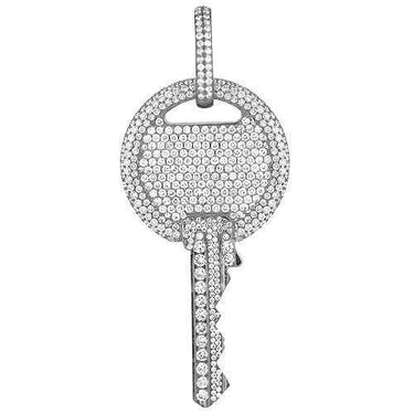 14K White Solid Gold Unisex Diamond Pave Set Custom Made Key Pendant 5.00 Ctw